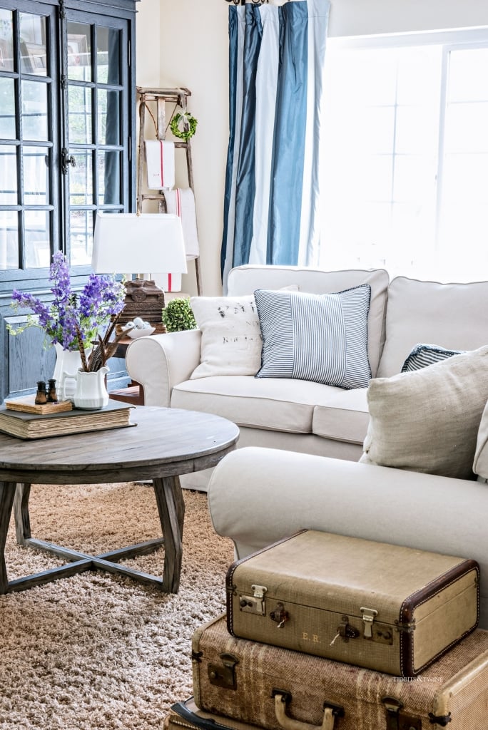 French Farmhouse Family Room in Blue and White