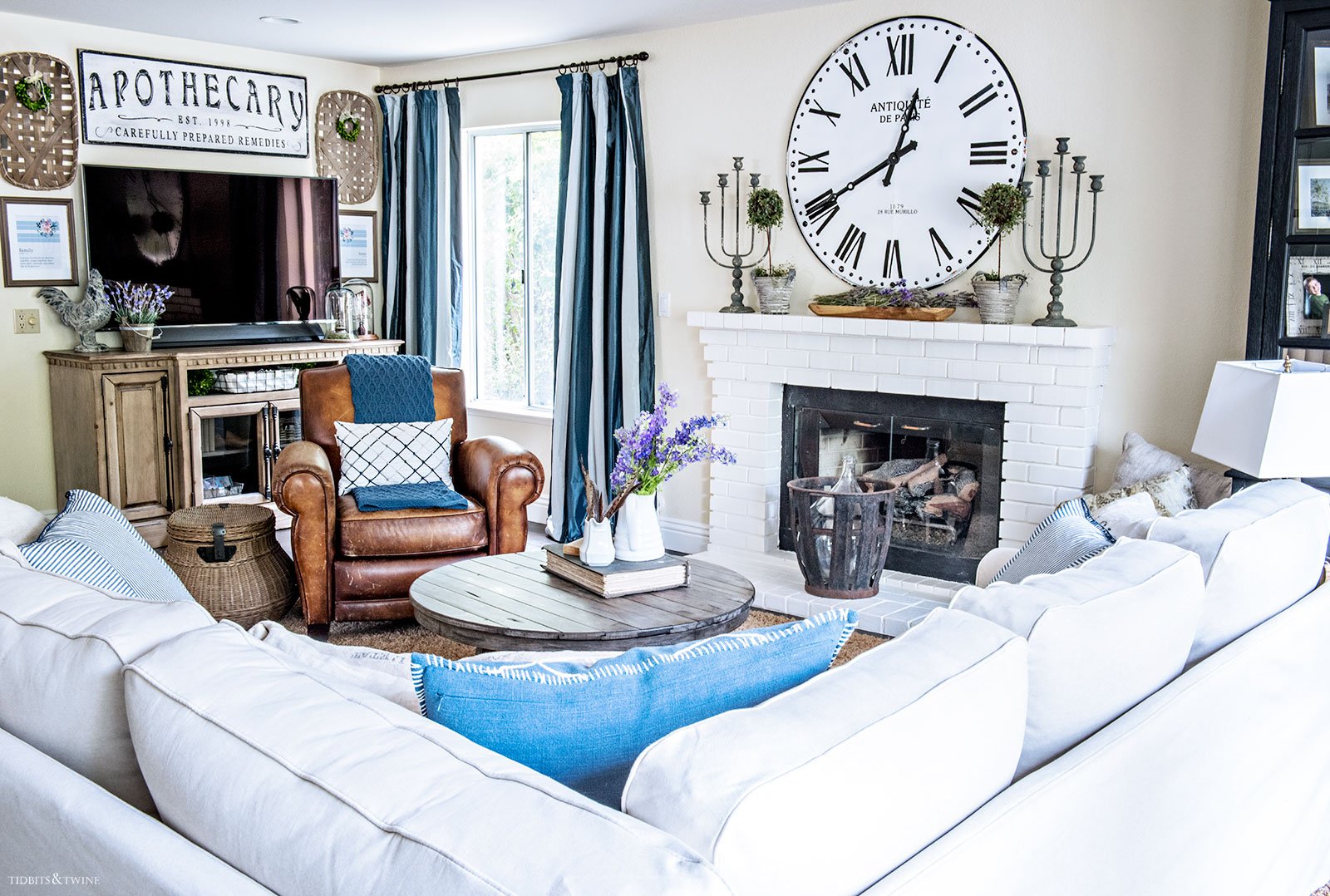 white and blue French Farmhouse Family Room from Tidbits&Twine