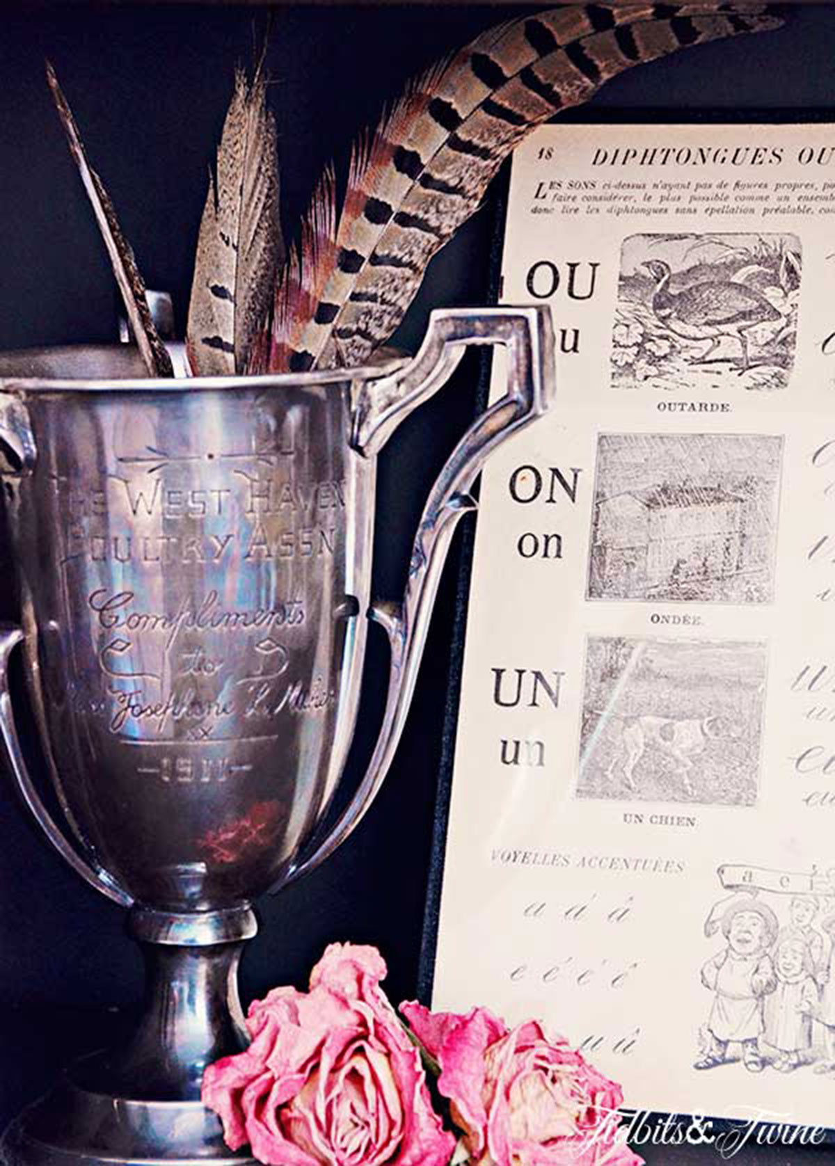 closeup of antique silver trophy cup with feathers inside and dried pink roses at base