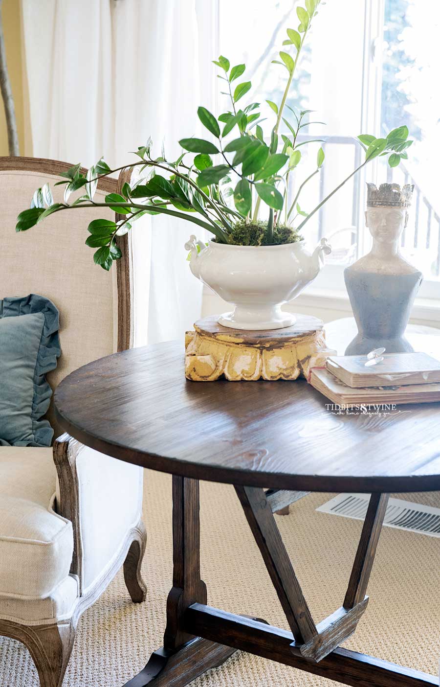 Wine tasting table with plant in ironstone tureen