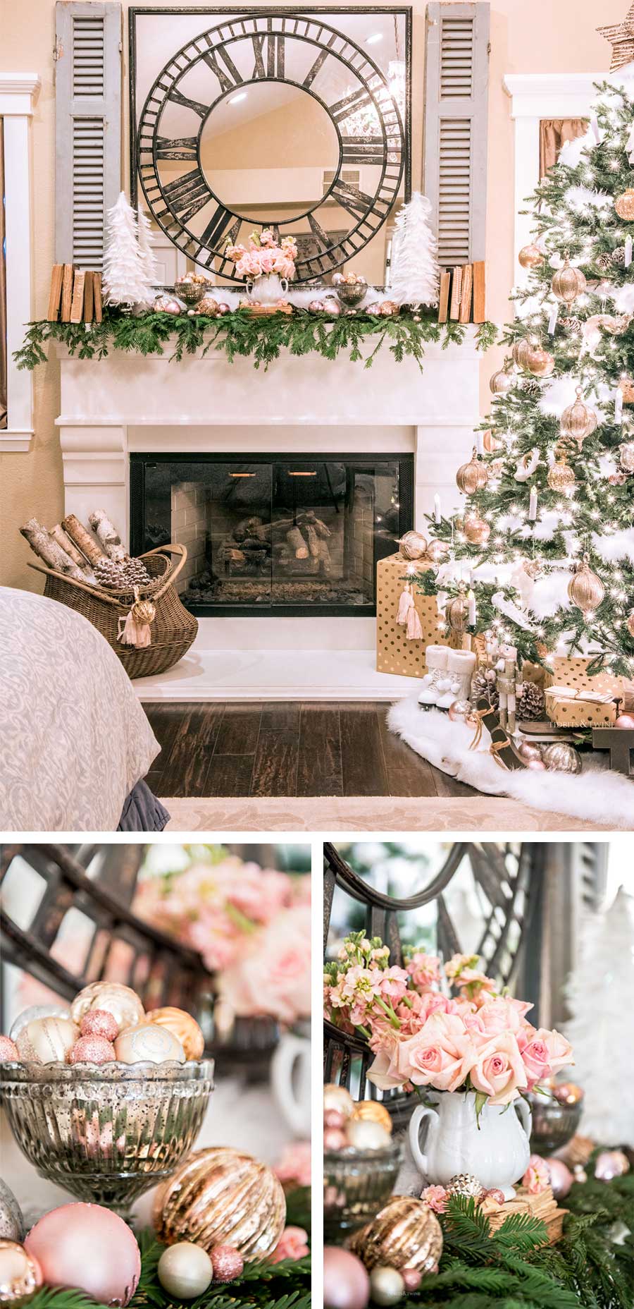 master bedroom fireplace decorated with pink gold and white for Christmas