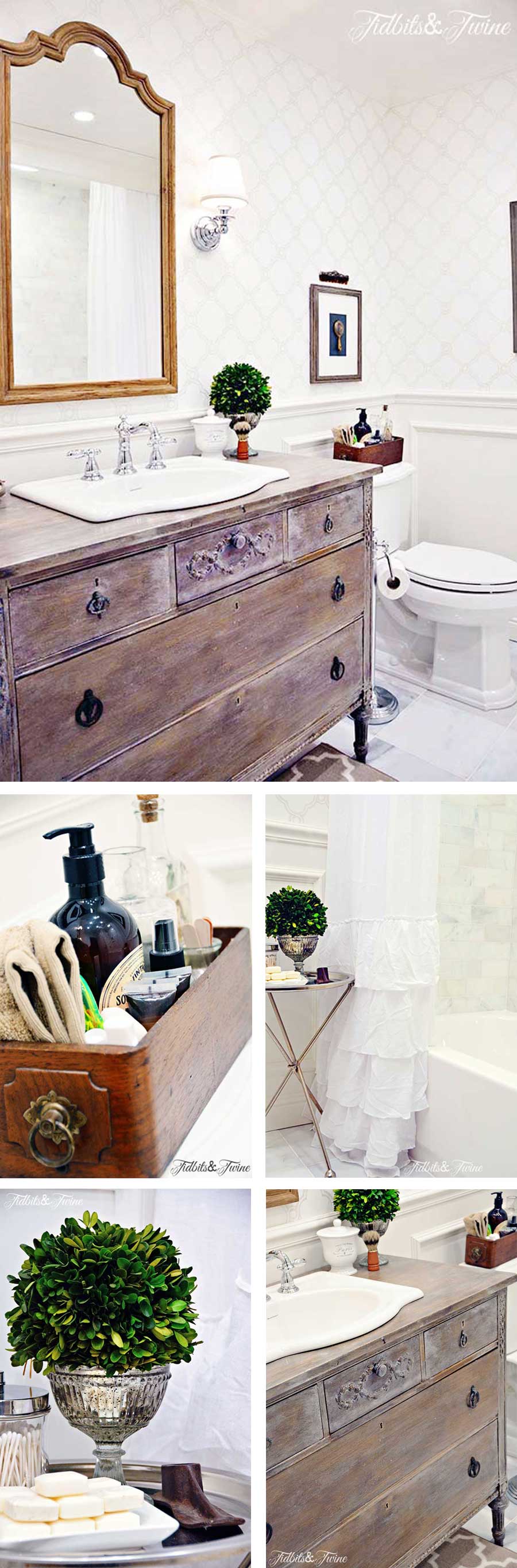 small bathrooom with an antique dresser used as a vanity beadboard ceiling and wallpaper