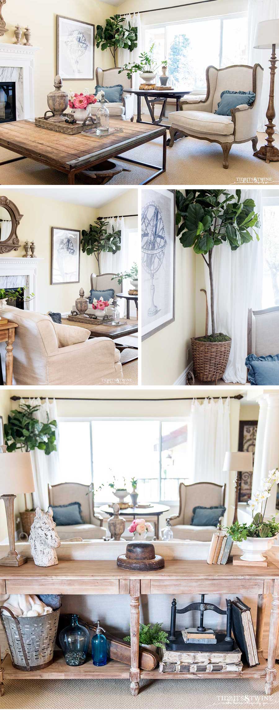neutral living room with french wingback chairs wine tasting table and industrial coffee table