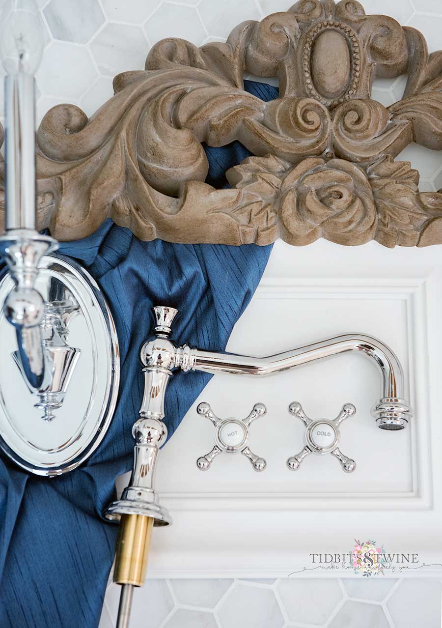 Elegant French marble master bathroom makeover with blue, white and aged wood