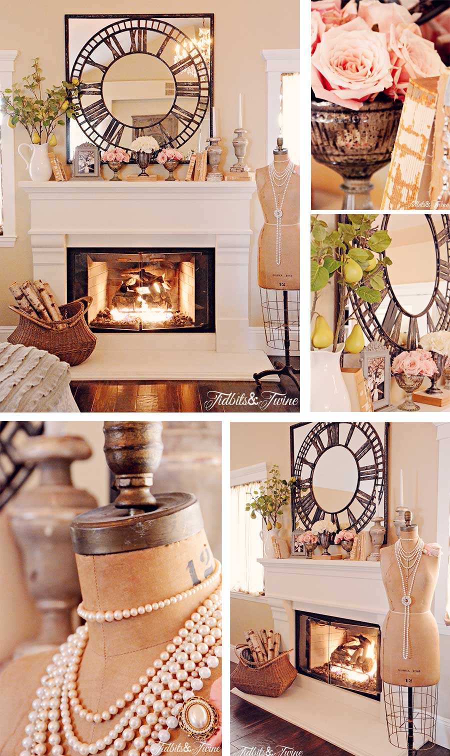 master bedroom fireplace mantel decorated with oversized clock mirror and antique books