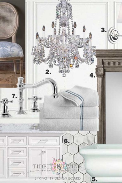 Elegant master bathroom design board with freestanding tub and crystal chandelier. One Room Challenge makeover from Tidbits&Twine