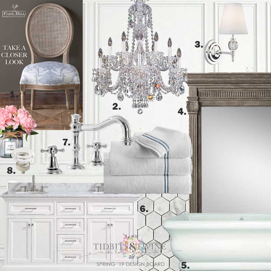 Elegant master bathroom remodel design board with carrara marble freestanding tub and chandelier