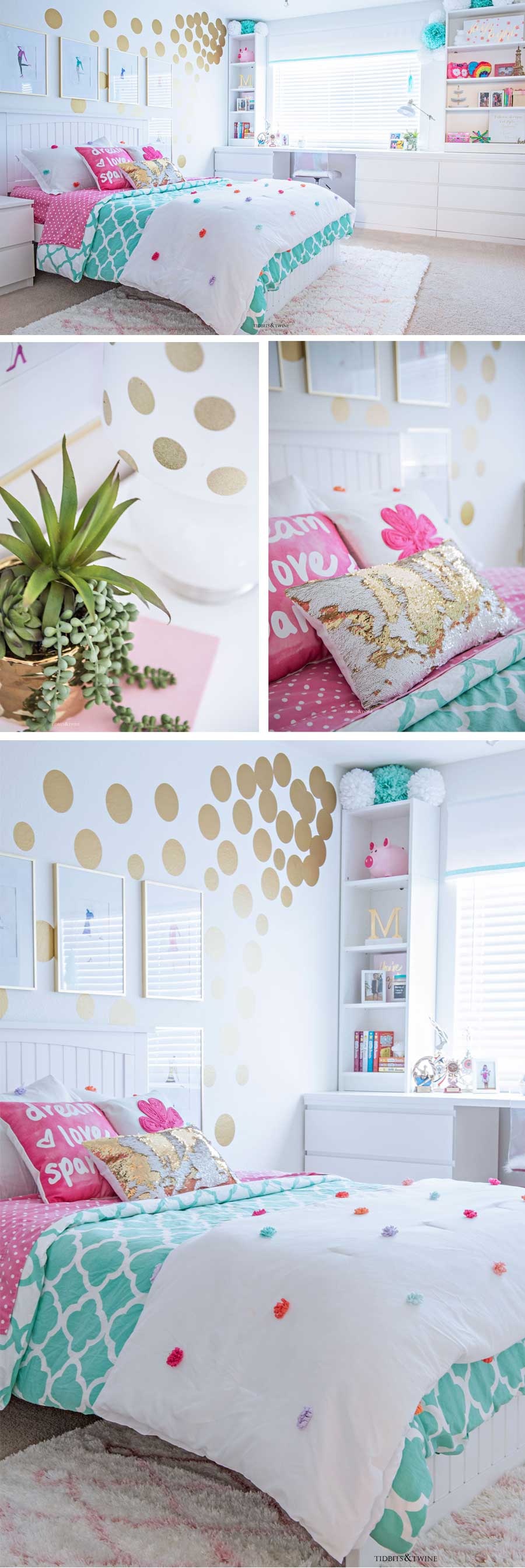contemporary teen girl bedroom with white IKEA furniture and pops of turquoise gold and pink