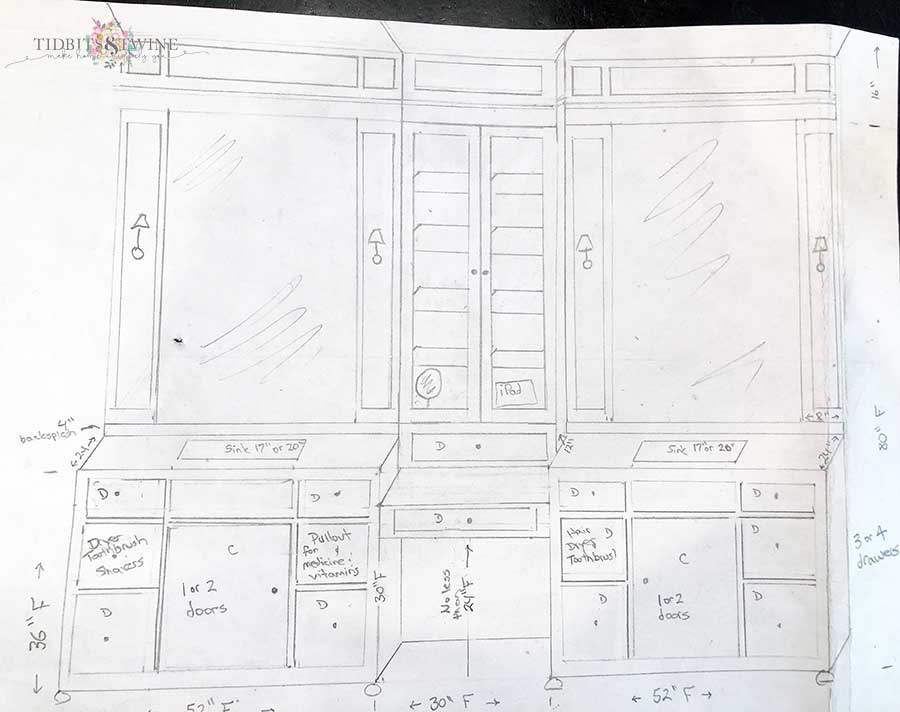 primary bathroom vanity sketch with two sinks and makeup area