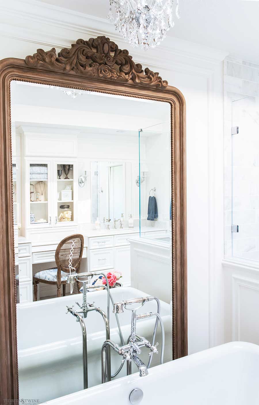 DIY Wood french elegant floor mirror in white marble bathroom