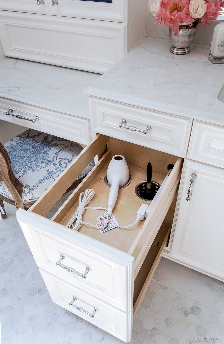 Bathroom vanity drawer with electrical box and hair dryer holder built in holster style