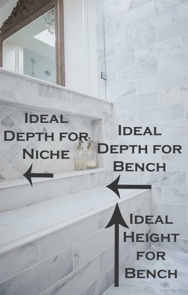 carrera marble shower with bench and niche and text overlay for idea height and depth