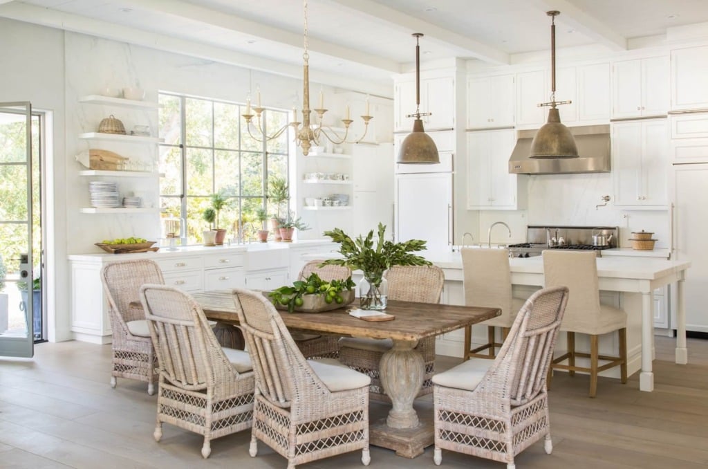 Tidbits and Twine - Brooke Giannetti white kitchen with antique pedestal table