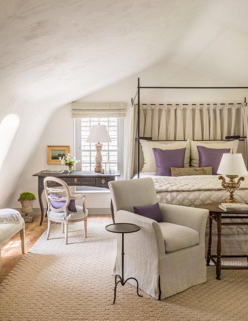 Tidbits and Twine - Brooke Giannetti bedroom with beige linen and purple accents