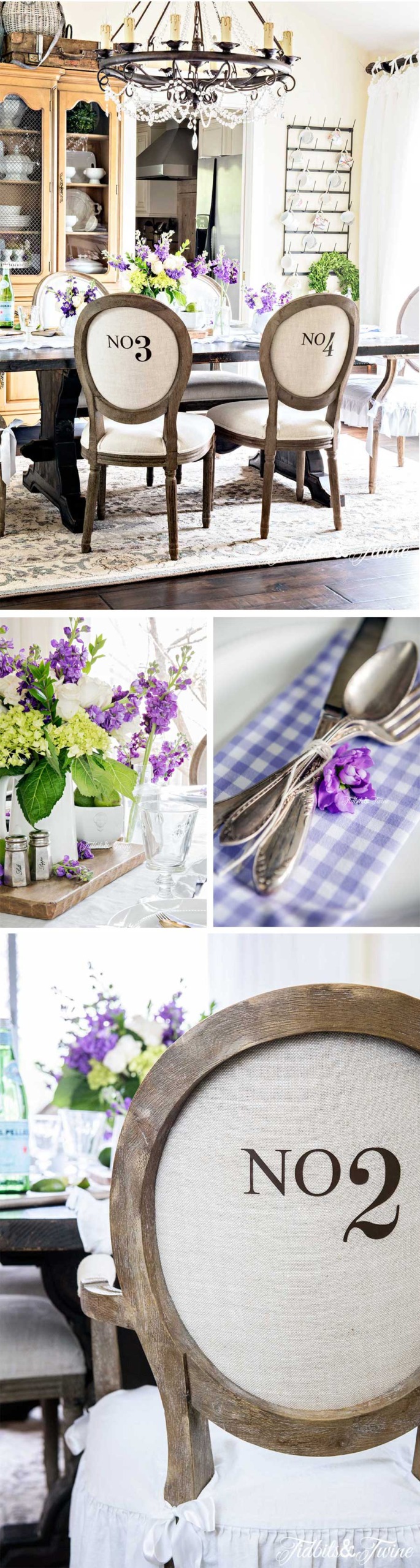 French dining room with numbered chairs and crystal chandelier ironstone collection and purple Spring flowers