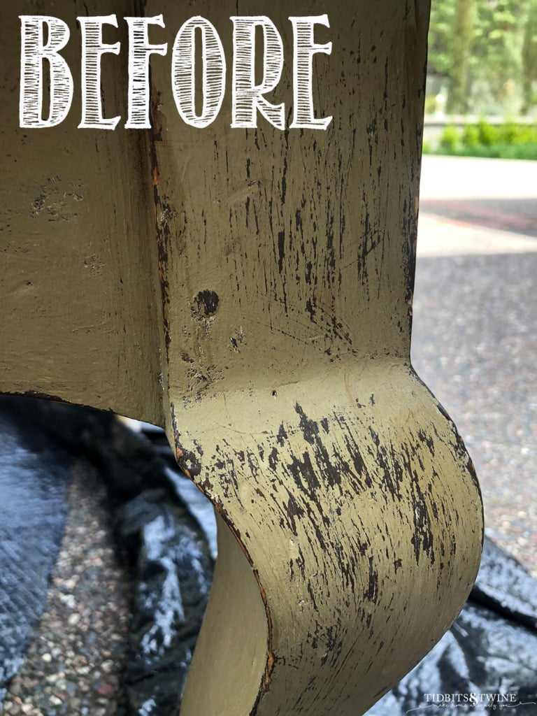 Sage green french country coffee table leg closeup