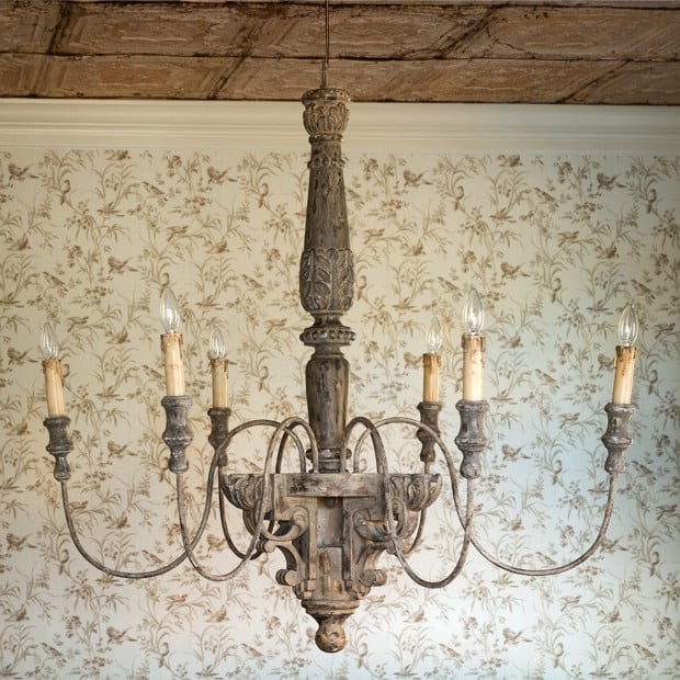 Large carved wood rustic french chandelier with six candle drip lights