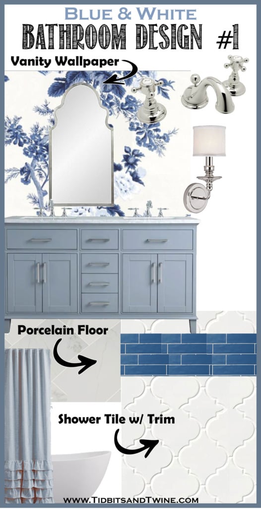 bathroom remodel idea design board with blue floral wallpaper gray blue vanity and carrara floor