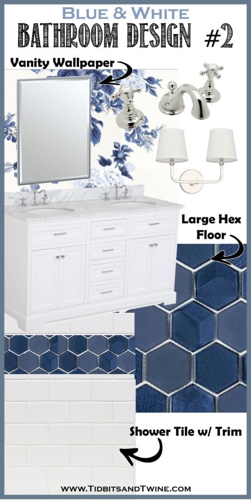 bathroom remodel idea design board with blue floral wallpaper and navy hex floor tile