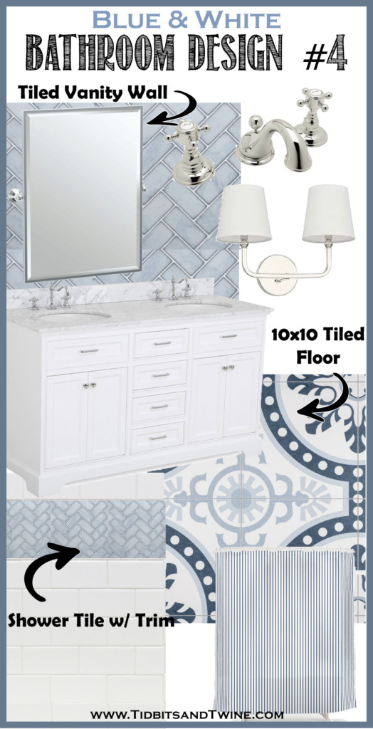 bathroom remodel idea design board with blue herringbone tile and pattern tiled floor