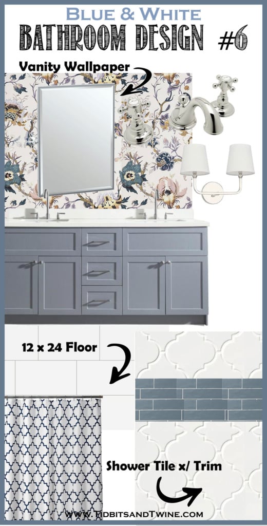 bathroom remodel idea design board with pink and blue floral wallpaper blue vanity and white shower