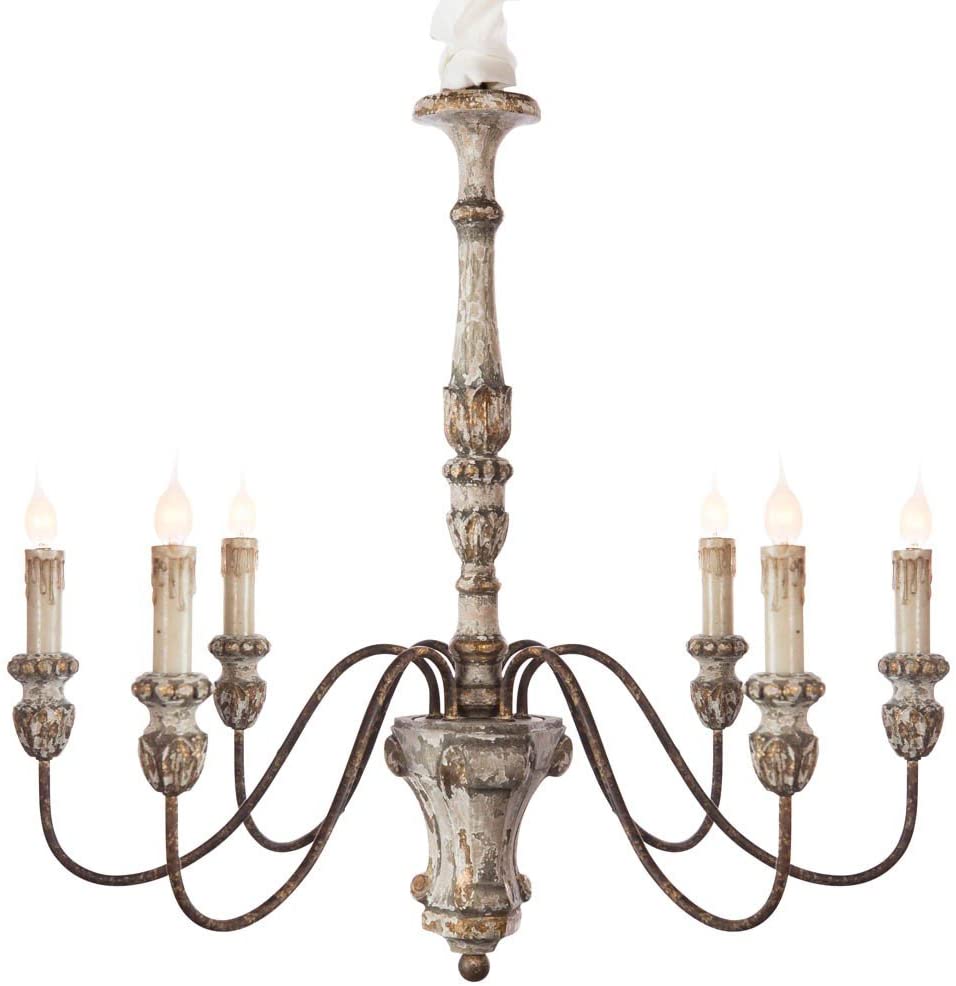 Gorgeous antique style French country chandelier with distressed white paint and rustic gold details