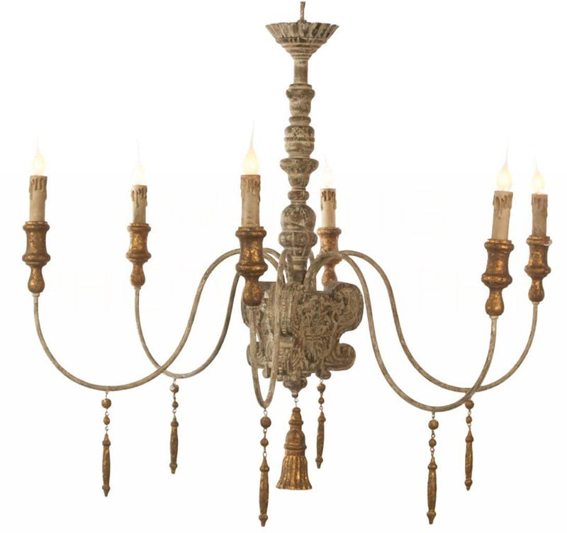 French country chandelier with carved wood column tassel finial and beads