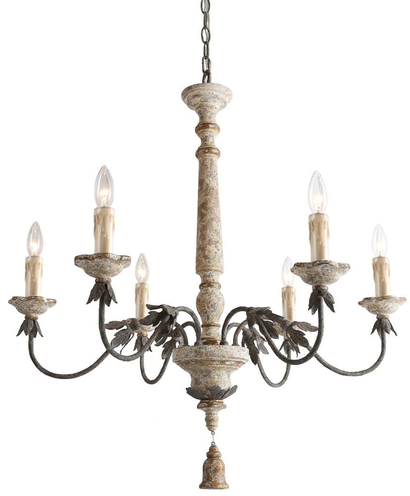 Distressed French chandelier with bell shaped tassel and six lights