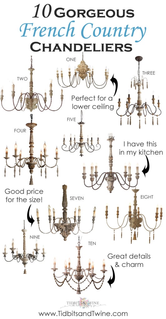 collage showing 10 best French Country chandeliers