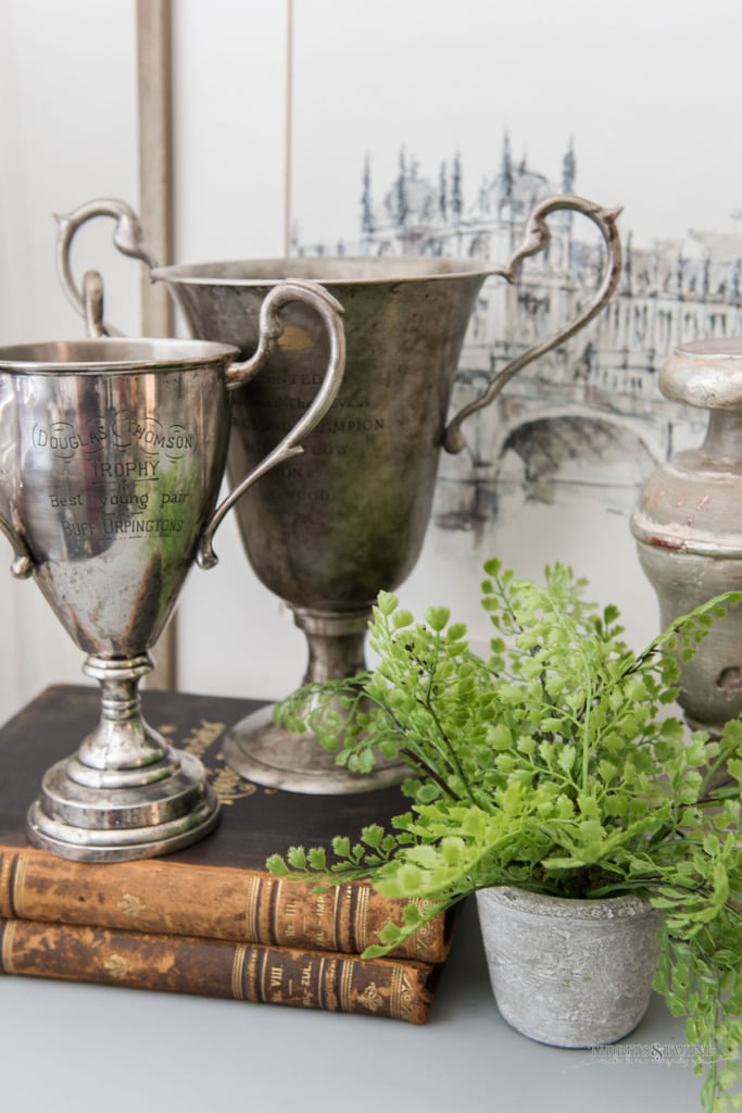 Antique trophy and book vignette on top of a chalk painted dresser