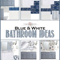 collage graphic showing six design boards for a blue and white bathroom