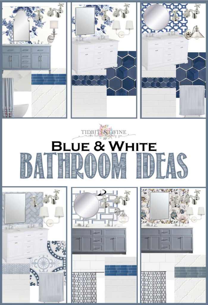 collage graphic showing six design boards for a blue and white bathroom