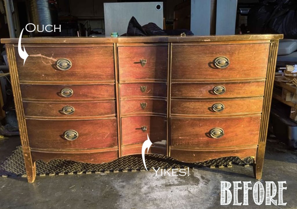 Brown antique dresser before chalk paint makeoever