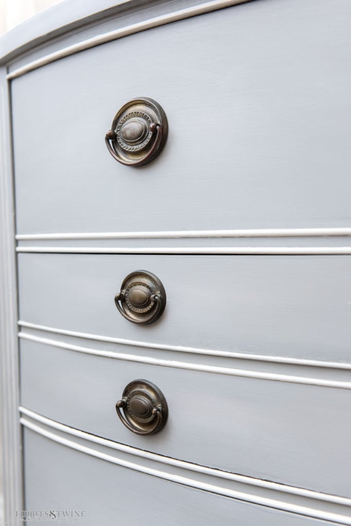 Vintage Hepplewhite drawer pulls on a gray blue chalk painted dresser with white trim