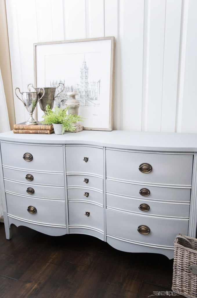 Antique dresser with gray blue chalk paint blended on drawer fronts