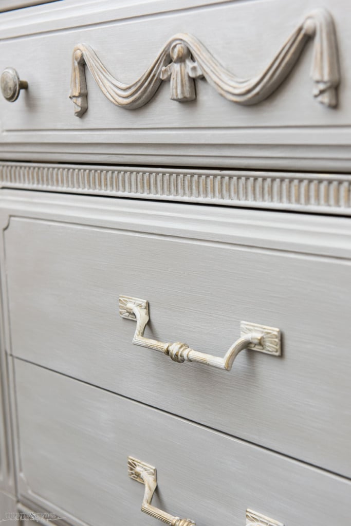 Swag onlay on a French dresser painted painted in French linen with Paris Grey wash