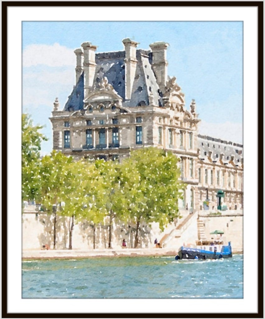 Blue and green watercolor image of the louvre from the river