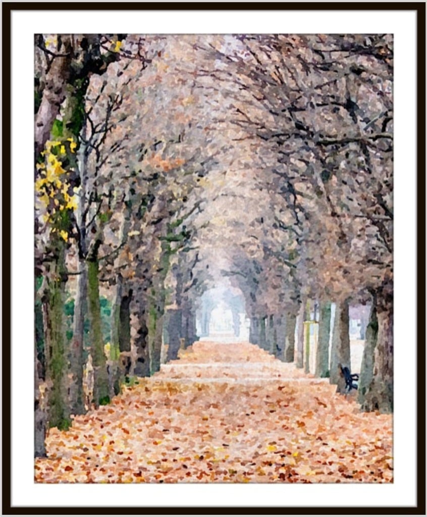 Watercolor art of a treelined path covered in leaves in Vienna