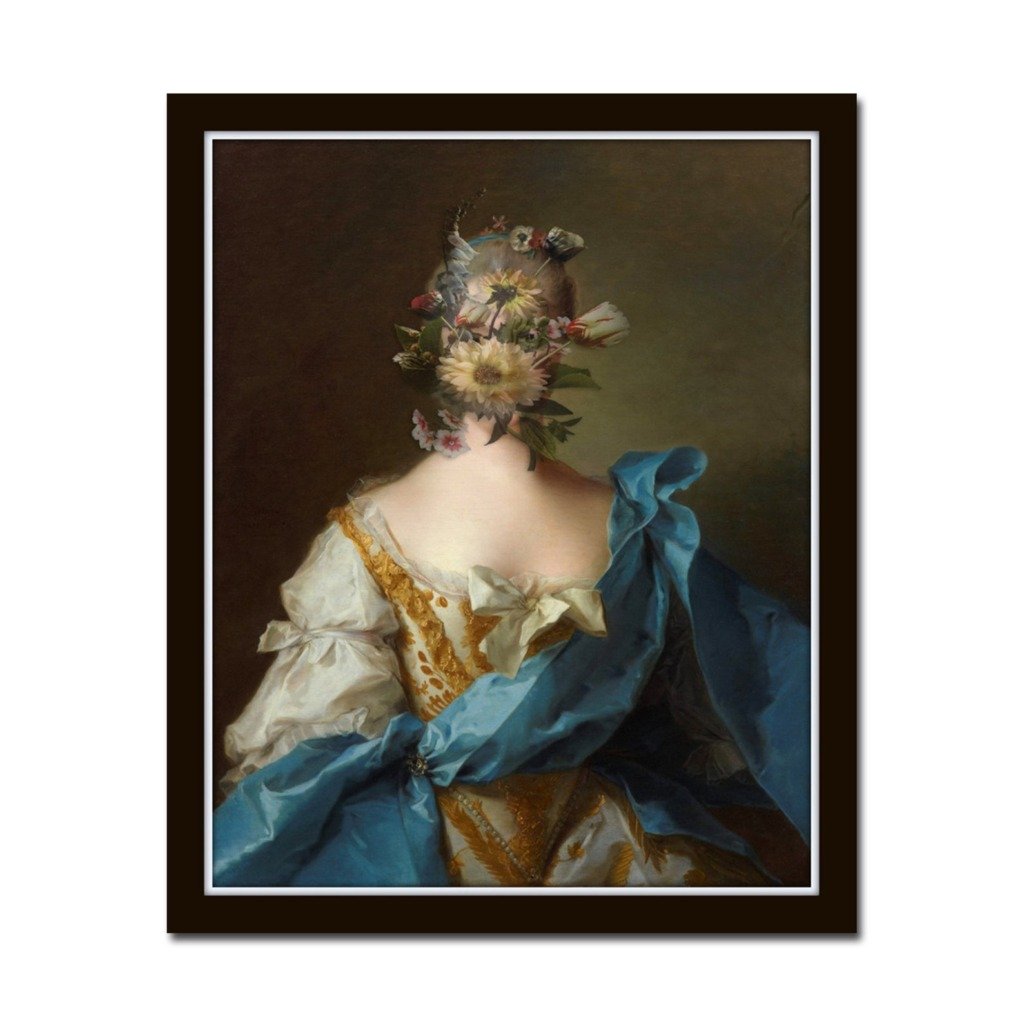 Vintage oil portrait of the back of a woman wearing a yellow dress with blue sash