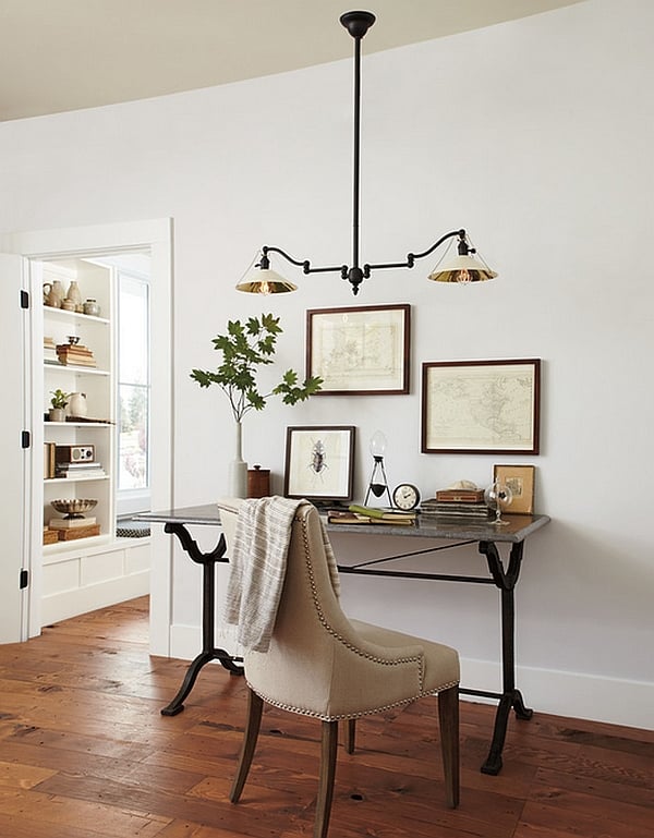 industrial home office with hanging lights above desk