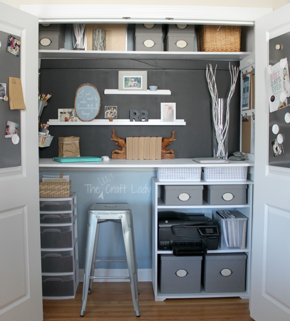 DIY white desk inside of a closet with shelves