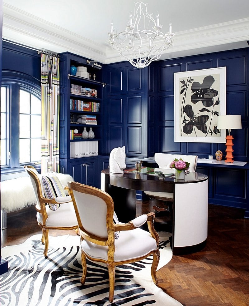 blue paneled walls in home office with contemporary and french decor