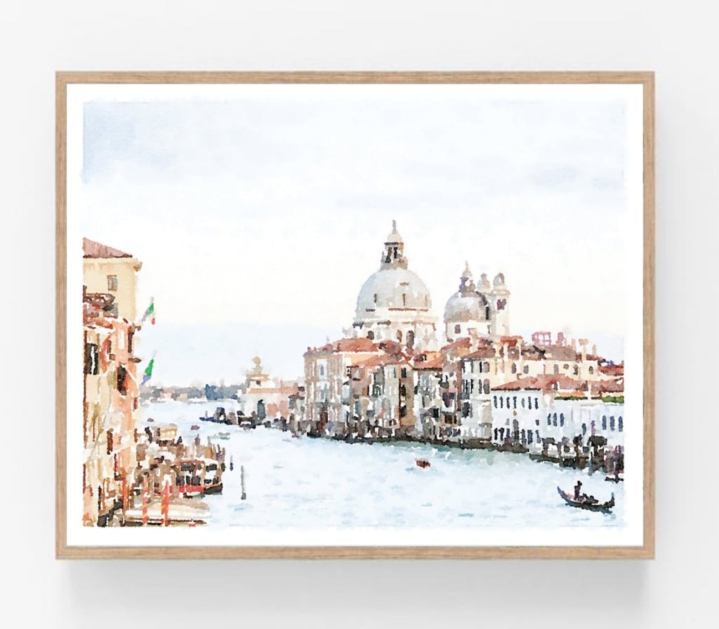 Watercolor art of Venice with boats and canals