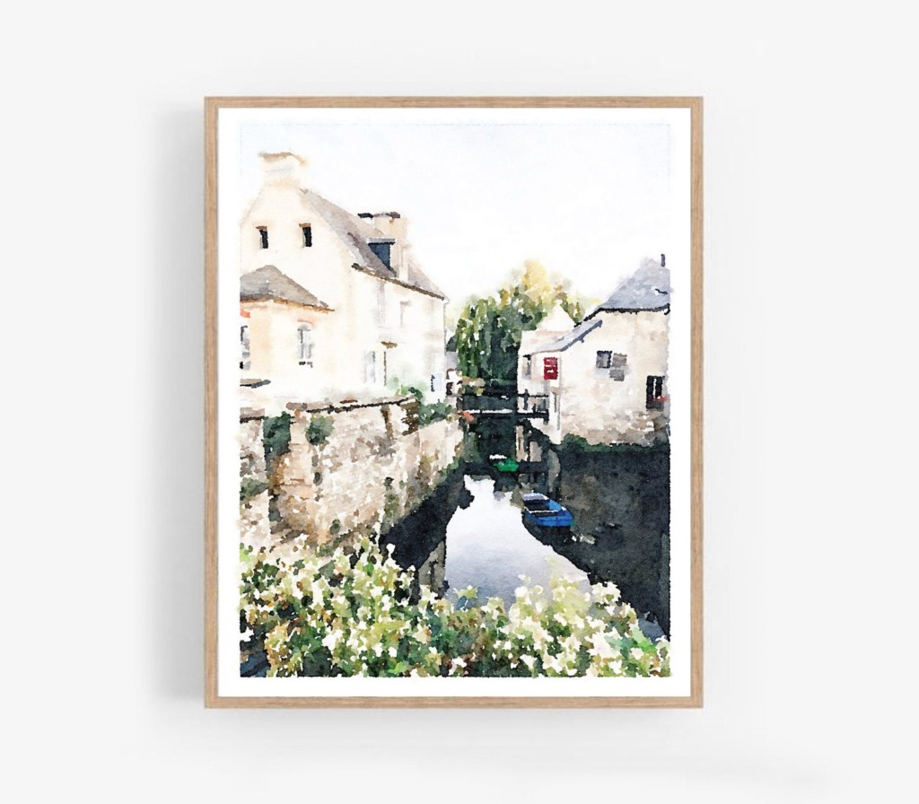 Watercolor art of a river in Normandy