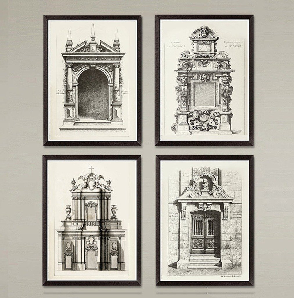 Artwork of four black and white sketches of European facades