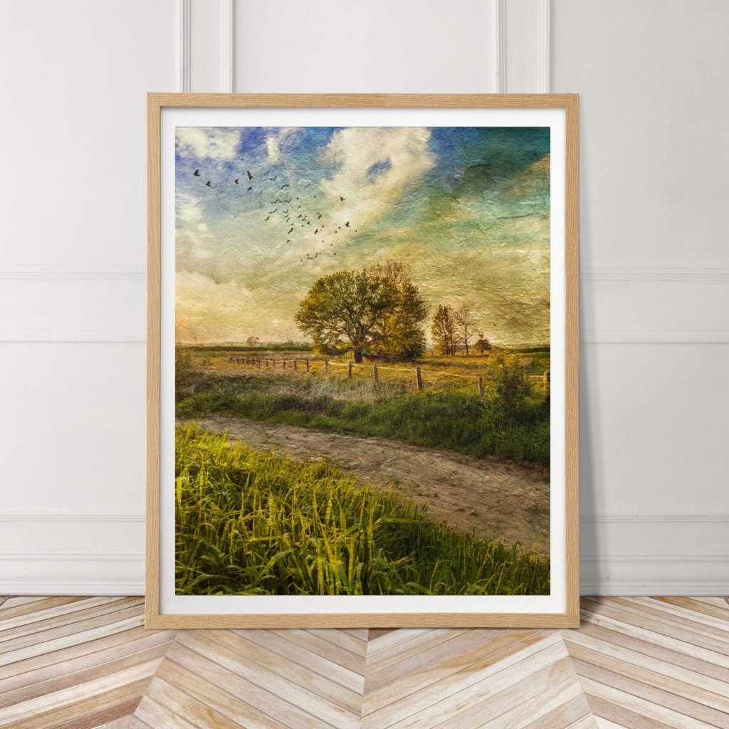 Vintage inspired landscape art of country road and trees