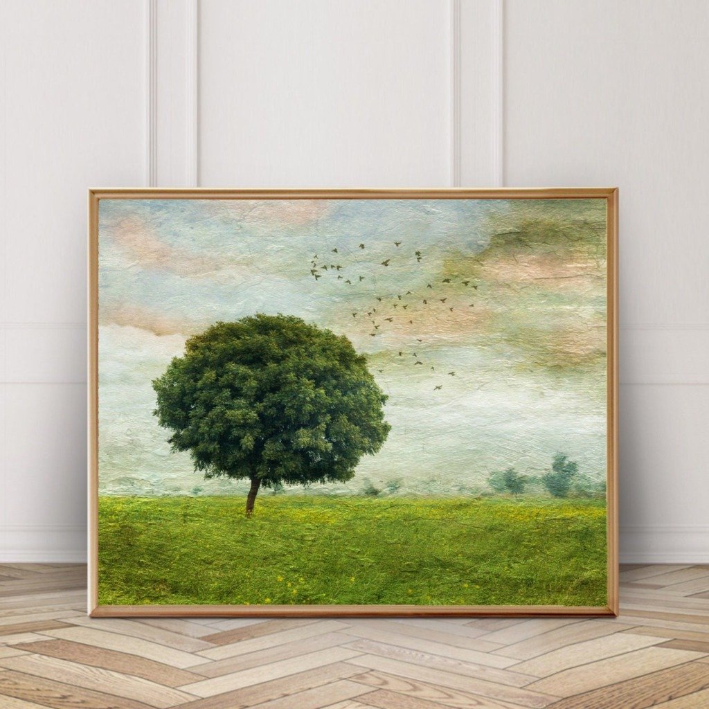 Vintage artwork of tree in a grassy field with birds