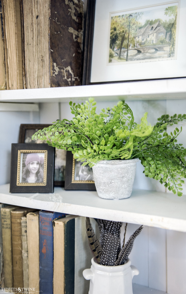 Styled shelves with antique books and feathers in an ironstone pot