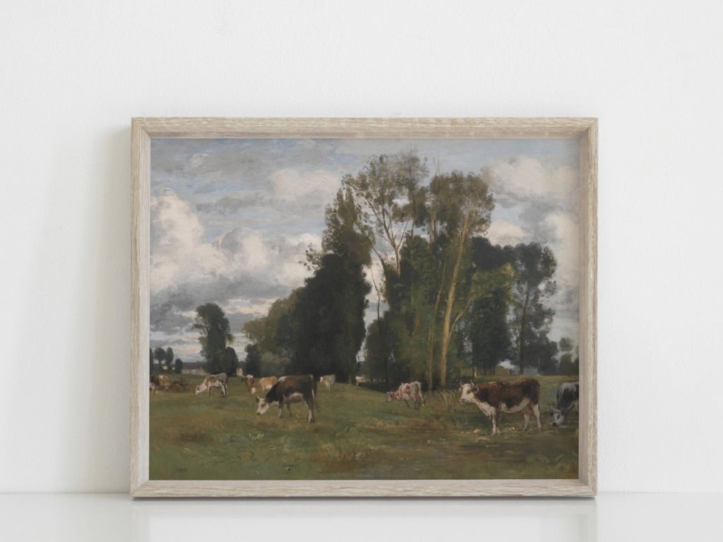 oil painting digital download of cows in a green pasture