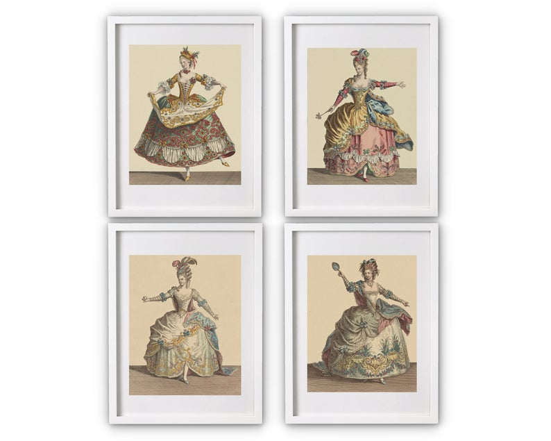 Artwork of four vintage ballet dancing women in ball gowns